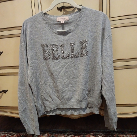 Philosophy Gray Cropped Top Long Sleeves Size L w/ BELLE Beaded Word - Picture 8 of 14